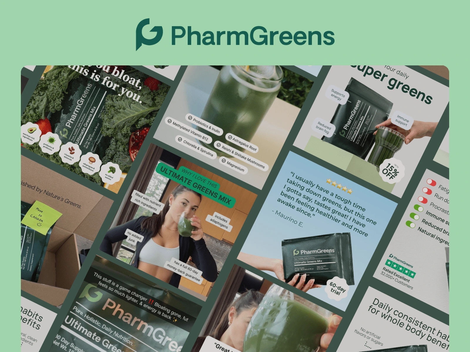 Grid of PharmGreens static Meta ad creatives