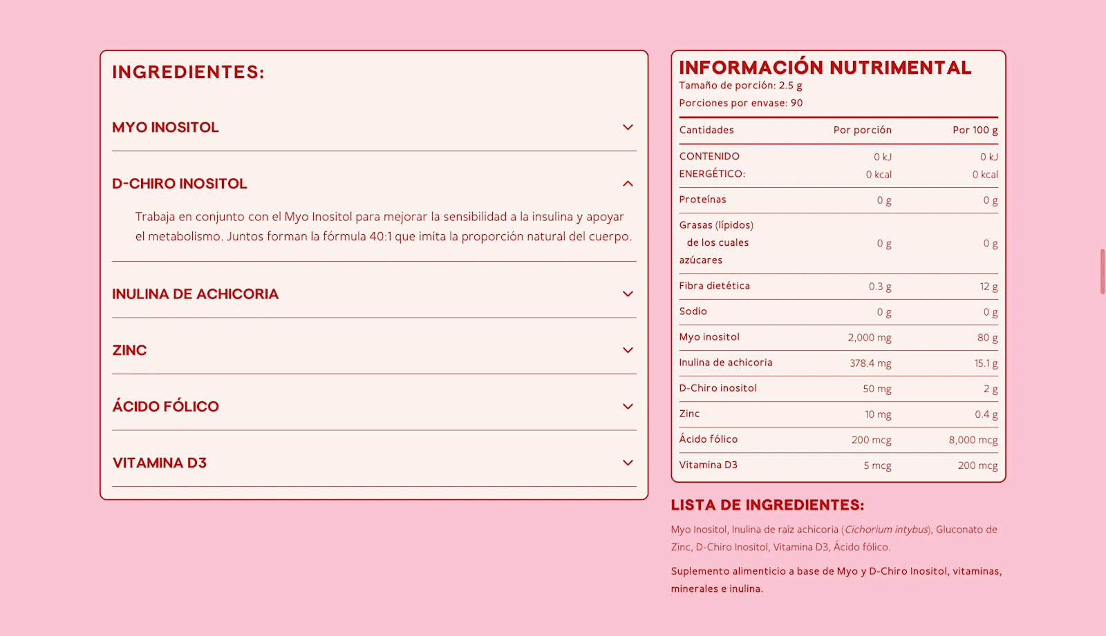 The Good Life PDP ingredients section in Spanish