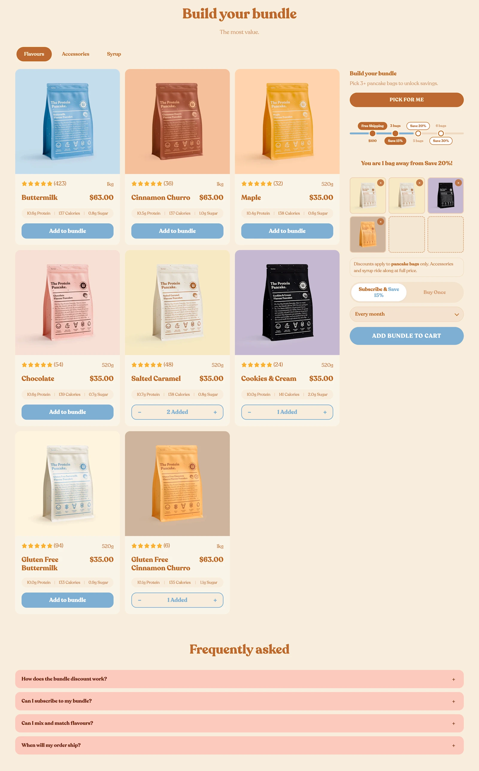 The Protein Pancake bundle builder with automatic discounts